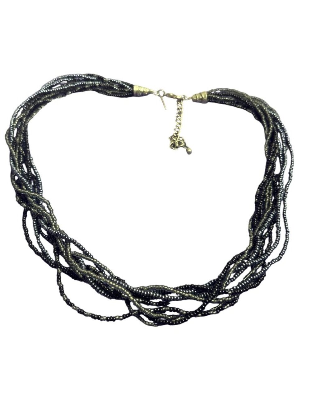 Vintage Y2K Avenue Multi Strand Seed Bead Necklace Black Blue Clear Silvertone
